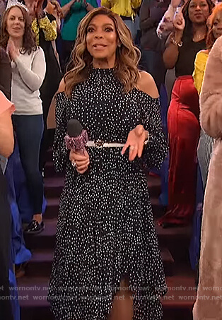 Wendy’s navy dotted dress on The Wendy Williams Show