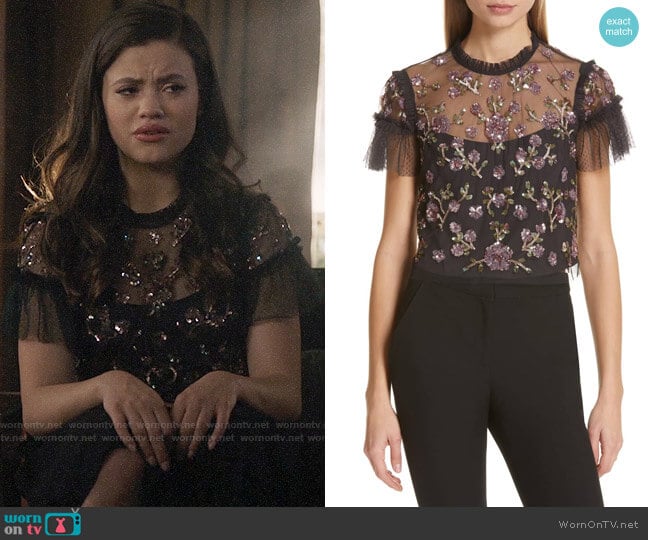 Needle & Thread Carnation Sequin Top worn by Maggie Vera (Sarah Jeffery) on Charmed