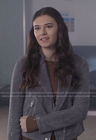 Nia’s grey suede jacket on Supergirl