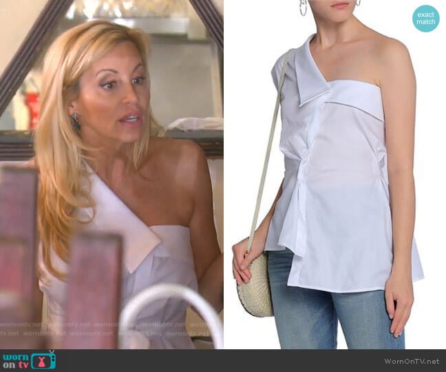 One-Shoulder Asymmetric Cotton-Poplin Top by Petersyn worn by Camille Grammer on The Real Housewives of Beverly Hills