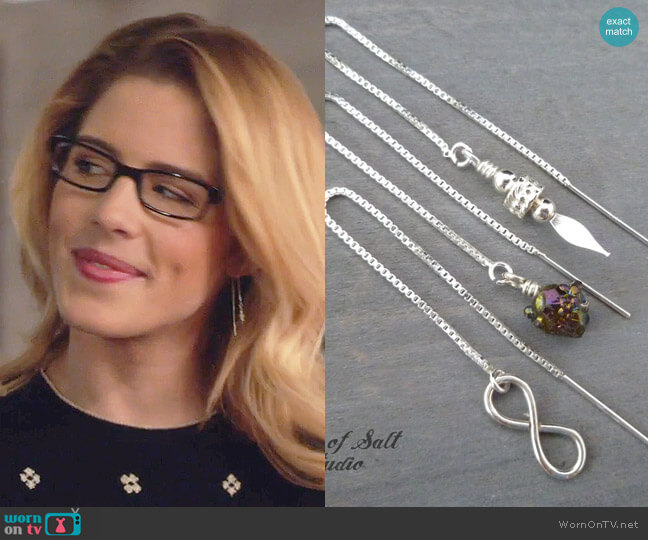 Pillar of Salt Studio Sterling Silver Spear Threader Earrings worn by Felicity Smoak (Emily Bett Rickards) on Arrow