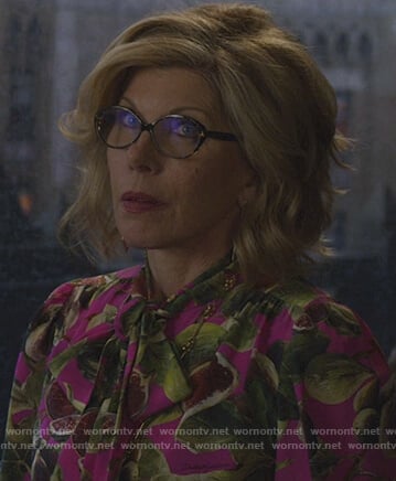 Diane’s pink fig print blouse on The Good Fight