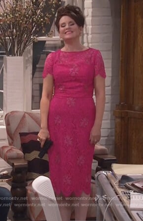 Karen’s pink lace midi dress on Will and Grace