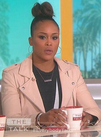 Eve’s pink leather jacket and bolt print tee on The Talk