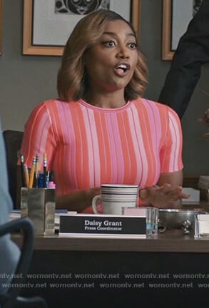 Daisy’s pink striped dress on Madam Secretary