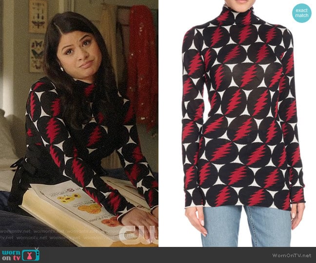 Proenza Schouler Turtleneck Long-Sleeve Lightning-Bolt Silk Top worn by Mel Vera (Melonie Diaz) on Charmed