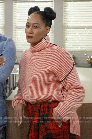 Bo's coral ribbed sweater and plaid pants on Black-ish