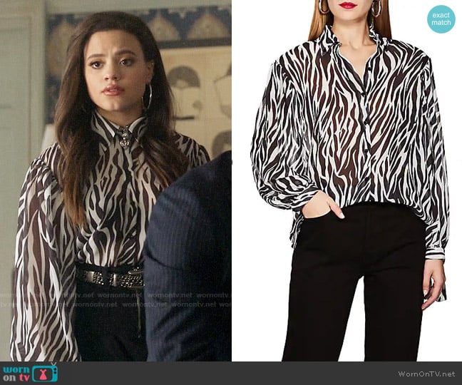 Robert Rodriguez Zebra-Print Georgette Blouse worn by Maggie Vera (Sarah Jeffery) on Charmed