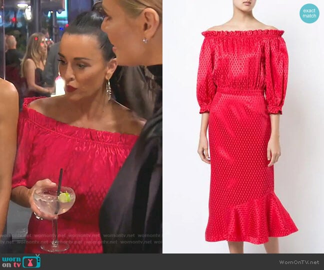 Ruffle Off-Shoulder Dress by Saloni worn by Kyle Richards on The Real Housewives of Beverly Hills