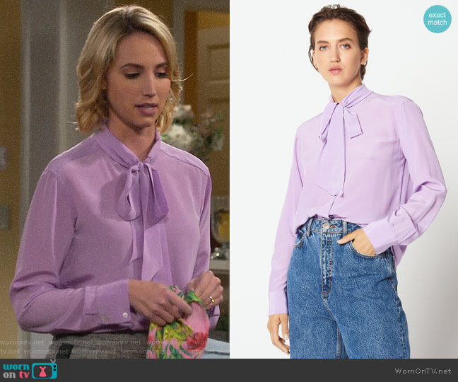 Sandro Silk Shirt with Bow Collar in Lilac worn by Mandy Baxter (Molly McCook) on Last Man Standing