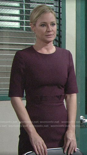 Sharon’s purple pleated waist dress on The Young and the Restless