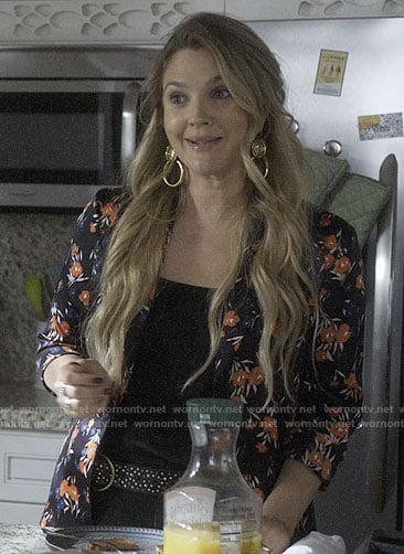 Sheila’s black floral shirt and knocker earrings on Santa Clarita Diet