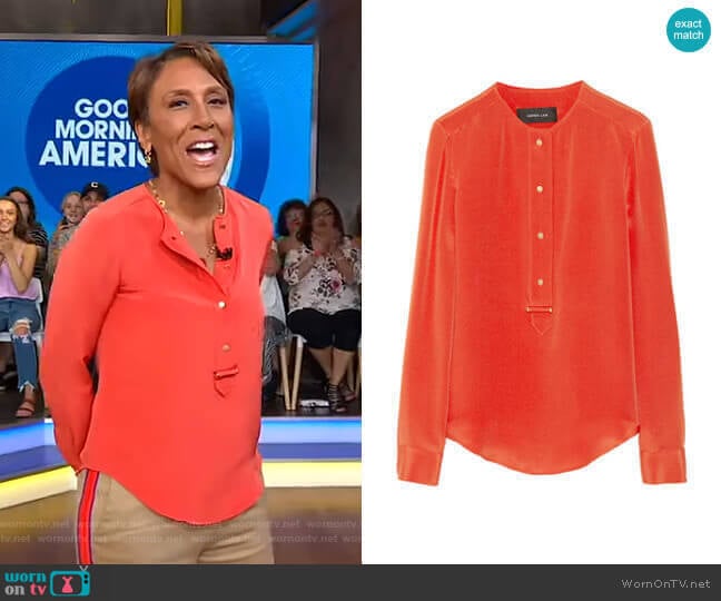 WornOnTV: Robin’s orange blouse and side striped pants on Good Morning ...