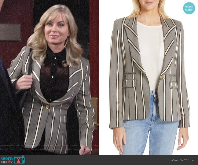 Smythe Peak Lapel Blazer in Grey Ribbon Stripe worn by Ashley Abbott (Eileen Davidson) on The Young and the Restless