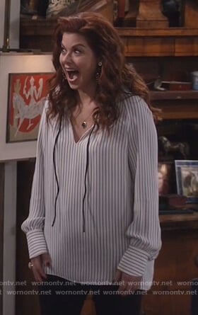 Grace’s white striped tie neck blouse on Will and Grace