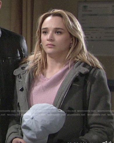 Summer's pink teddy sweatshirt and grey toggle coat on The Young and the Restless