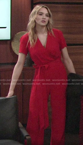 Summer’s red short sleeved jumpsuit on The Young and the Restless