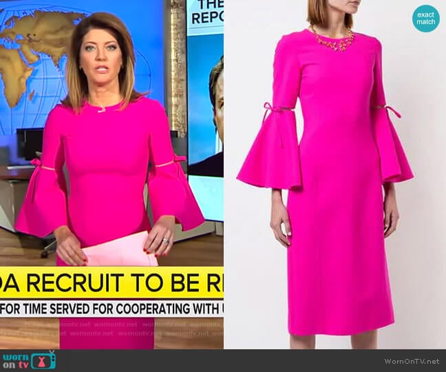 3/4 Flutter Sleeved Pencil Dress by Oscar de la Renta worn by Norah O'Donnell on CBS Mornings