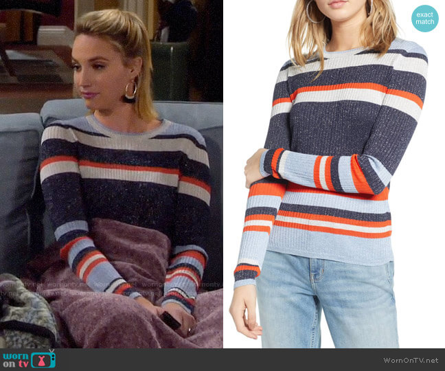 Treasure & Bond Metallic Stripe Pullover worn by Mandy Baxter (Molly McCook) on Last Man Standing