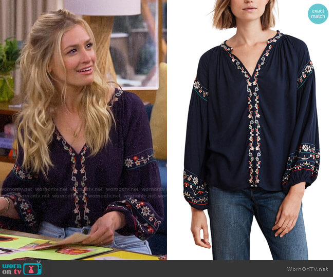 Velvet by Graham & Spencer Embroidered Top worn by Gemma (Beth Behrs) on The Neighborhood