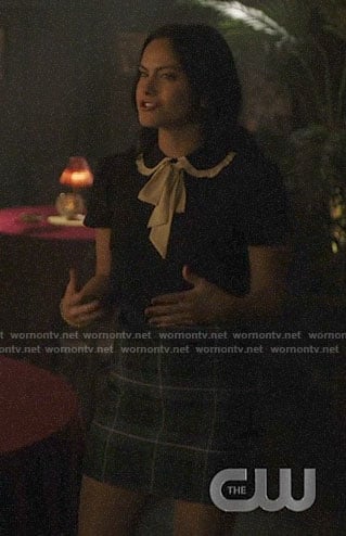 Veronica’s black top with ruffled collar and bow on Riverdale