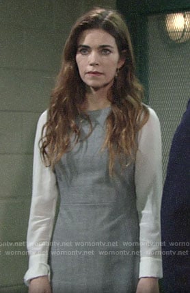 Victoria’s grey dress with white blouse sleeves on The Young and the Restless