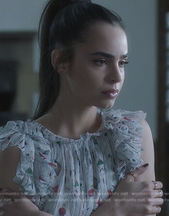 Ava's white print ruffled top on PLL The Perfectionists