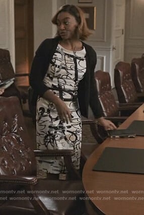 Daisy's white scribble print dress on Madam Secretary