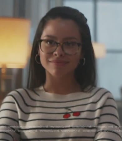 Mariana's white striped cherry print sweatshirt on Good Trouble