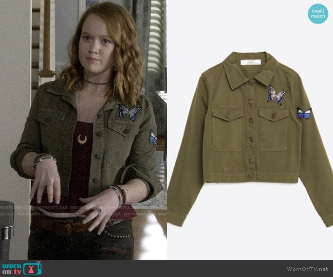 Military Jacket with Embroidered Butterflies worn by Abby Hammond (Liv Hewson) on Santa Clarita Diet