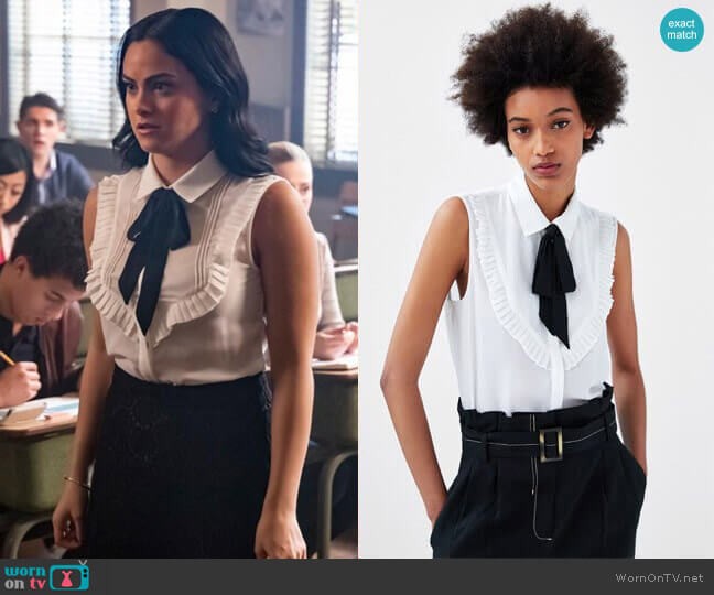 Zara Shirt with Contrasting Bow worn by Veronica Lodge (Camila Mendes) on Riverdale