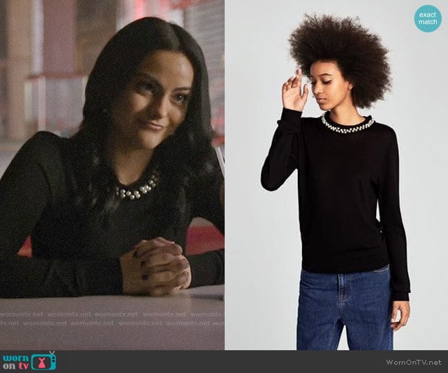 Zara Sweater with Faux Pearl Collar worn by Veronica Lodge (Camila Mendes) on Riverdale