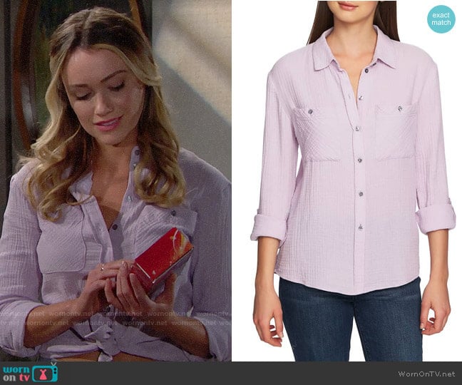 1.State Patch Pocket Gauze Top in Fresh Lilac worn by Flo Fulton (Katrina Bowden) on The Bold and the Beautiful