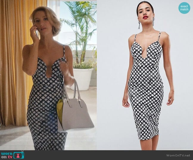 ASOS DESIGN U bar bodycon midi dress in mono print worn by Petra Solano (Yael Grobglas) on Jane the Virgin