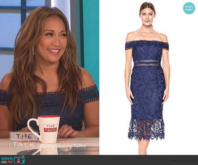 Off Shoulder Lace Dress by Aidan Mattox worn by Carrie Inaba on The Talk