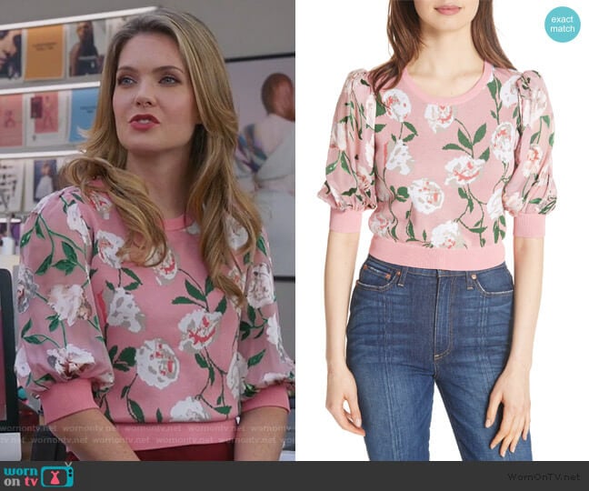 Brandy Floral Puff Crop Sweater by Alice + Olivia worn by Sutton (Meghann Fahy) on The Bold Type