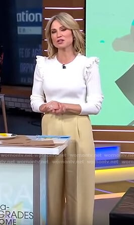 Amy’s white ruffled top and beige pants on Good Morning America