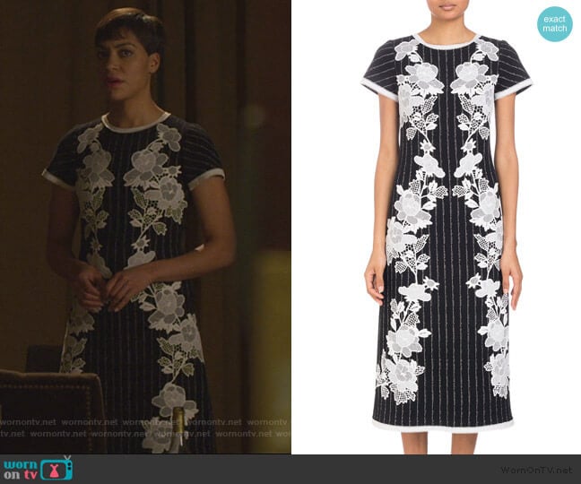 Round-Neck Cap-Sleeve Metallic-Pinstripe Dress with Lace Applique by Andrew Gn worn by Lucca Quinn (Cush Jumbo) on The Good Fight