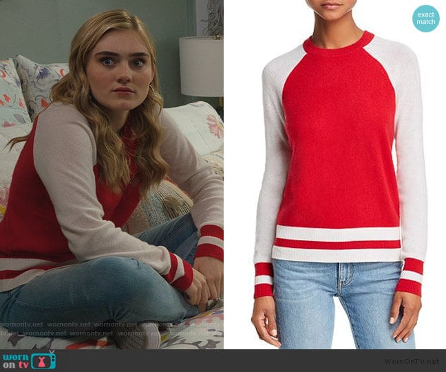 Color-Block Raglan Cashmere Sweater by Aqua Cashmere worn by Taylor Otto (Meg Donnelly) on American Housewife