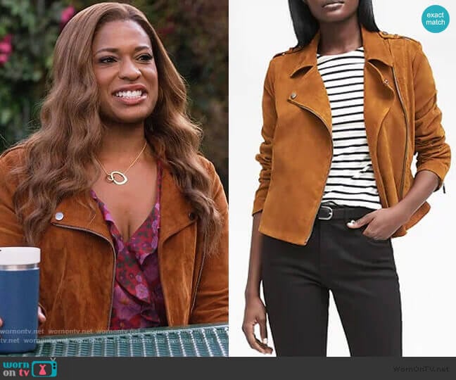 Life in Motion Suede Moto Jacket by Banana Republic worn by Poppy (Kimrie Lewis) on Single Parents