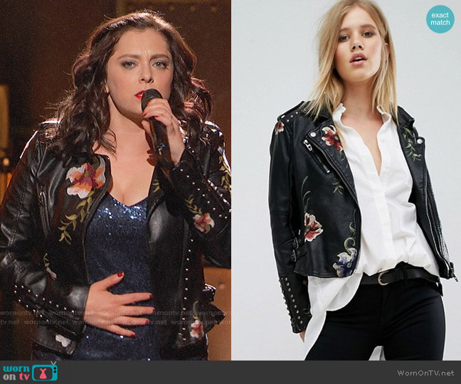 Blank NYC Leather Look Jacket with Floral Embroidery & Stud Detail worn by Rebecca Bunch (Rachel Bloom) on Crazy Ex-Girlfriend