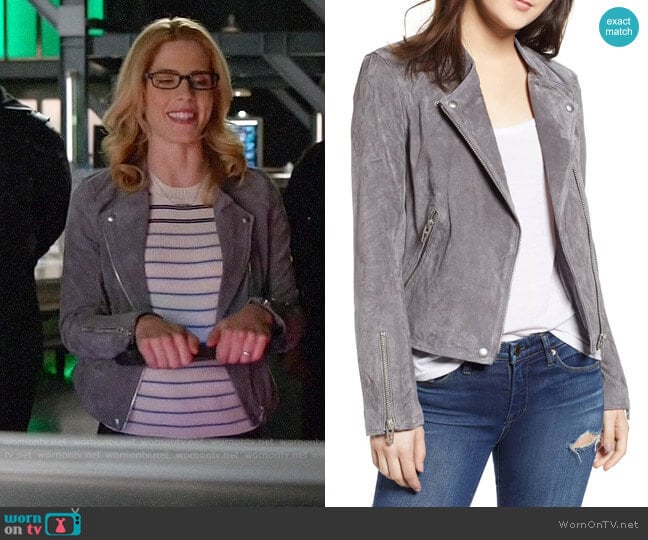 Blank NYC No Limit Suede Moto Jacket worn by Felicity Smoak (Emily Bett Rickards) on Arrow