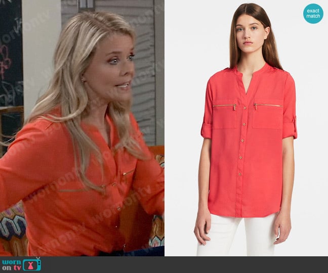 Calvin Klein Mandarin Collar Roll-up Sleeve Blouse in Watermelon worn by Felicia Scorpio (Kristina Wagner) on General Hospital