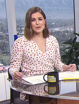 Carissa’s white polka dot wrap top on E! News Daily Pop