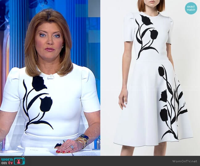 Tulip Intarsia Knit Dress by Carolina Herrera worn by Norah O'Donnell  on CBS Mornings