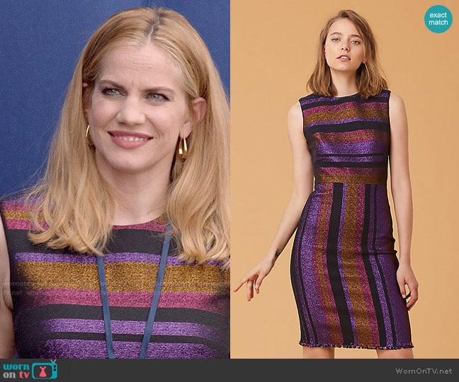 Diane von Furstenberg Metallic Stripe Sheath Dress worn by Amy Brookheimer (Anna Chlumsky) on Veep