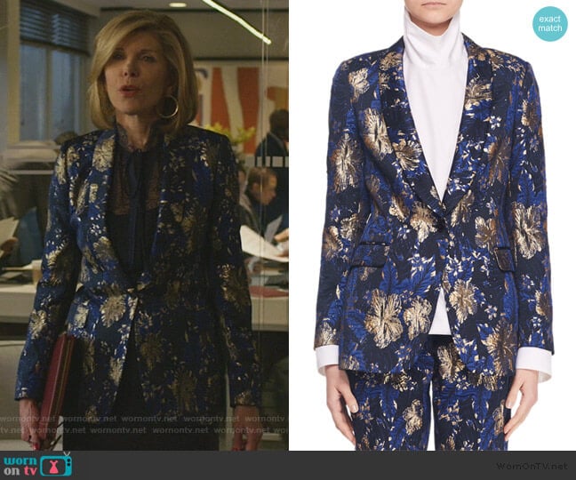 Metallic Floral-Jacquard Blazer Jacket by Dries Van Noten worn by Diane Lockhart (Christine Baranski) on The Good Fight