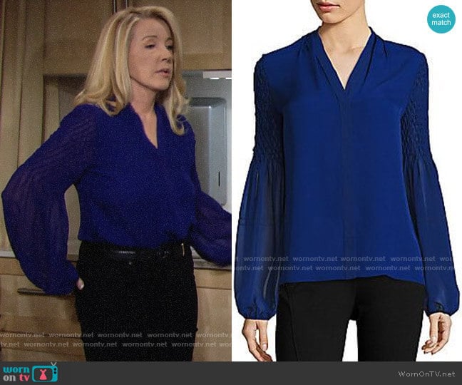 Elie Tahari Smocked Georgette Silk Blouse worn by Nikki Reed Newman (Melody Thomas-Scott) on The Young and the Restless