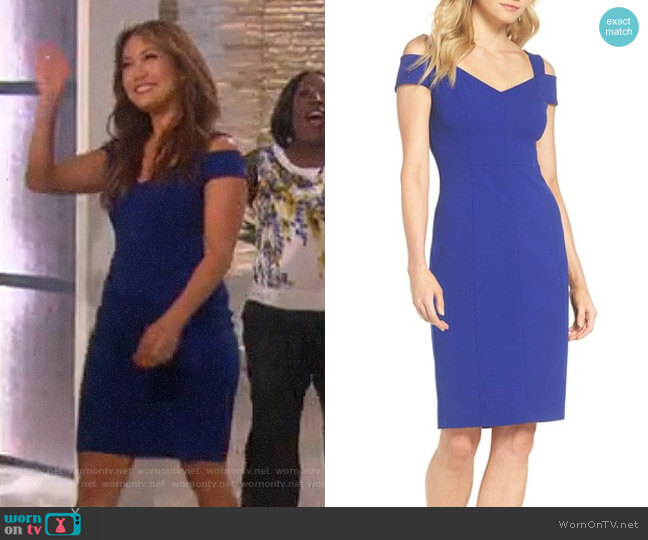 Cold Shoulder Sheath Dress by Eliza J worn by Carrie Inaba on The Talk