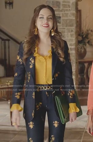 Fallon's yellow ruffle blouse and floral suit on Dynasty